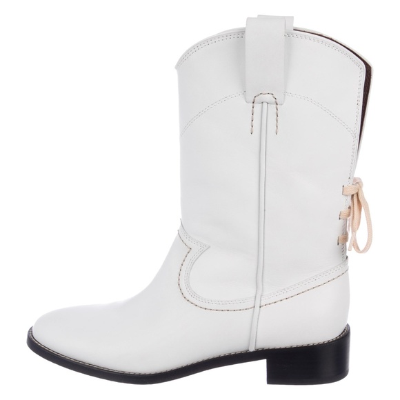 Chloe Leather Round-Toe White Mid-Calf Boots